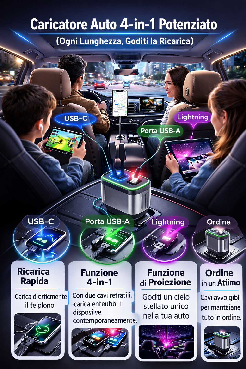 AutoCharge™ 120W | Caricatore 4-in-1, Super Veloce, Cielo Stellato RGB!