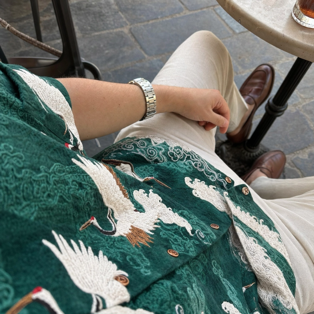 Aurelio — Camicia Estiva con Motivo Gru in Rilievo